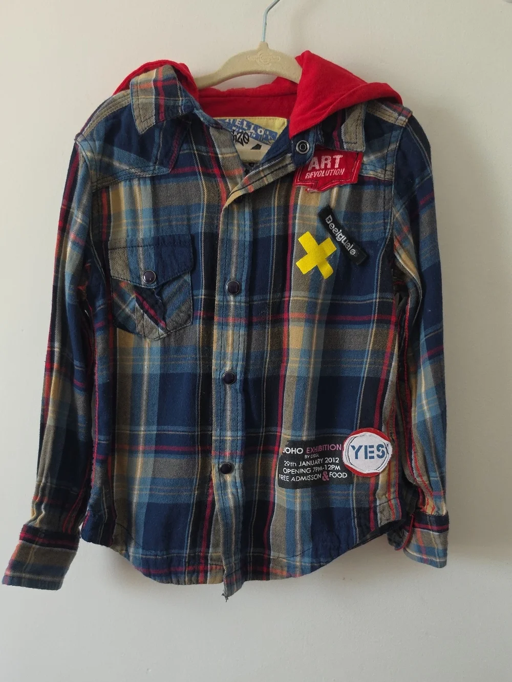 Desigual Boy's Flannel Snap Button Plaid Hooded Top Sz 4